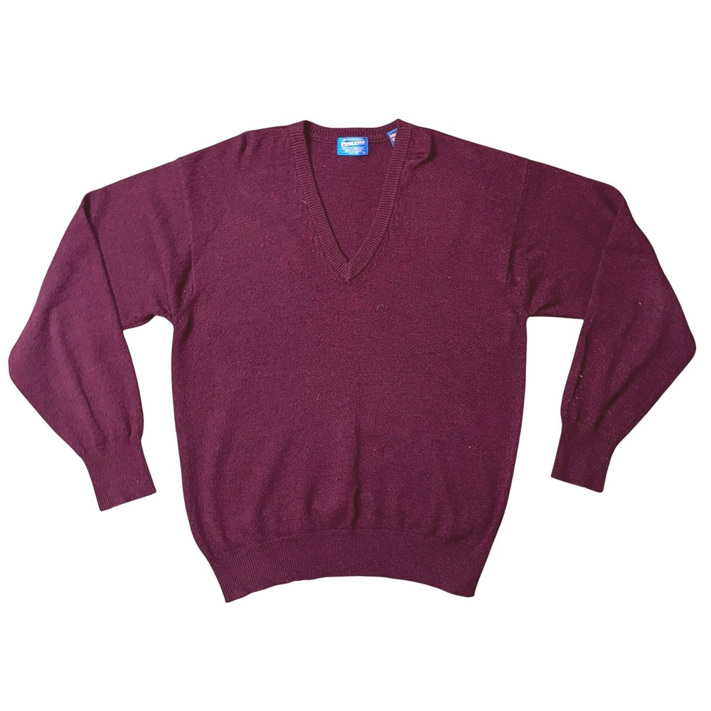 VTG Pendleton Mens V-Neck Sweater Large Burgundy 100% Virgin Lambswool Knit 1638